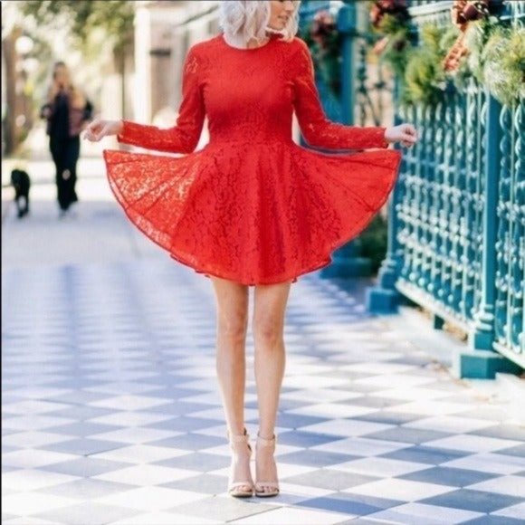 H&M Red Long Sleeve Red Lace High Neck Fit & Flare Flirty Date Mini Dress  Size 2